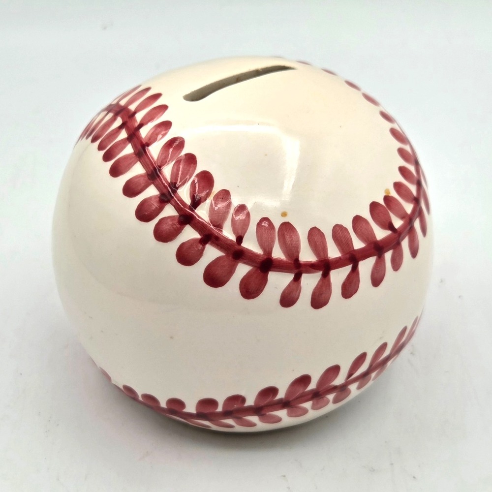 VINTAGE Baseball Coin Bank Ceramic Sports Decor Piggy Bank White Red Stiching‎